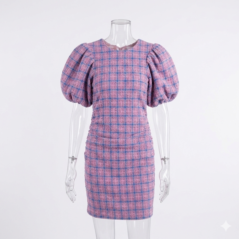 Ganni Wild Orchid Pink Blue Plaid Puff Sleeve Mini Dress Size 36